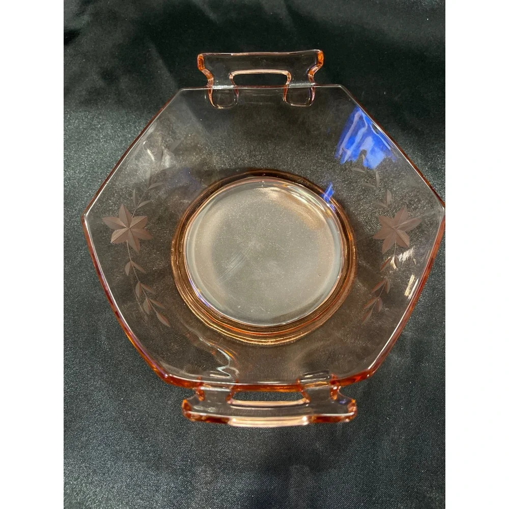 Vintage Pink Depression Glass Hexagon Bowl Etched Floral Pattern Tab Handles‎